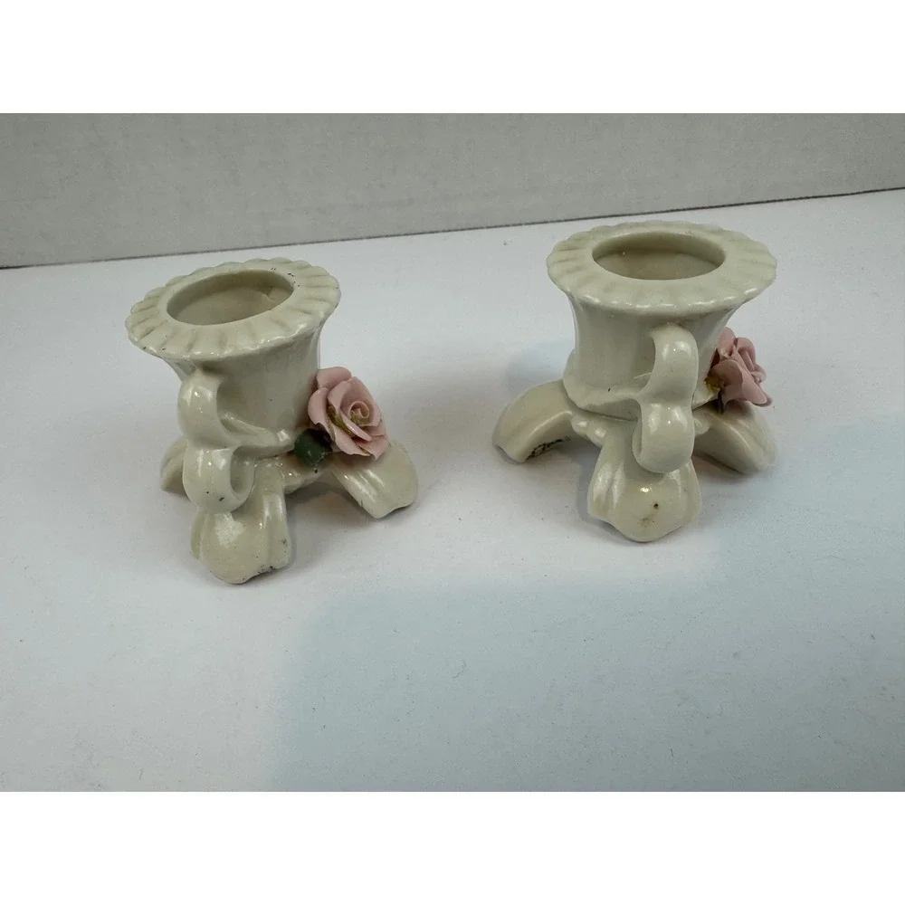 Vintage Ceramic Pink Rose Candle Holder Set Cottagecore Porcelain Taper Pair